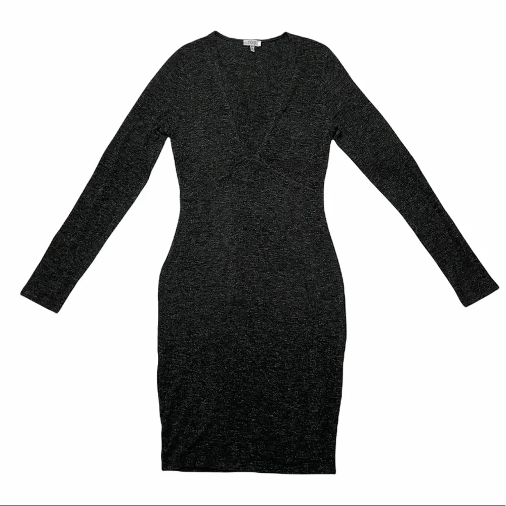 Tobi | Grey Long Sleeve V-Neck Fitted Knit Mini Dress S